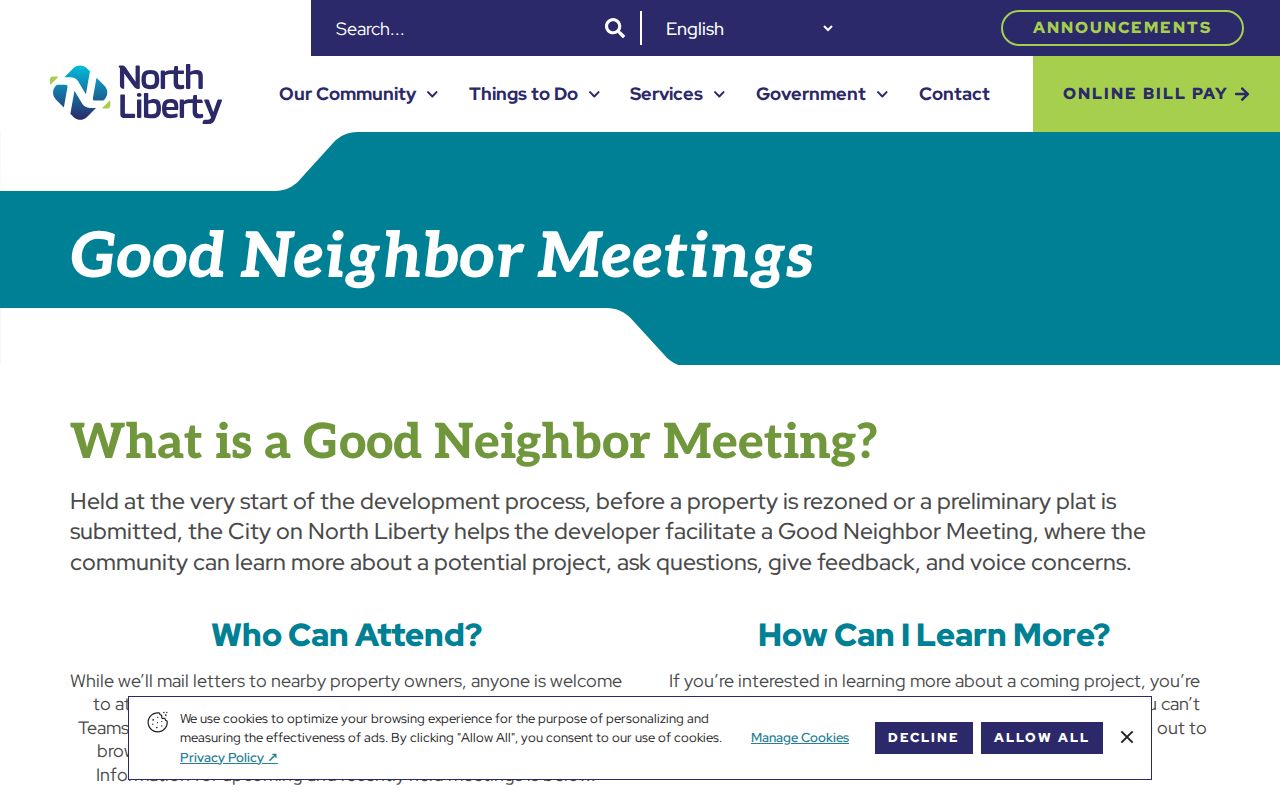 North Liberty Good Neighbor meeting notice process for nearby parcel owners