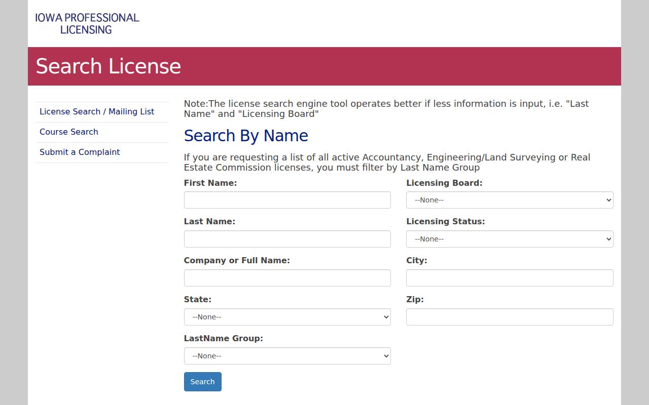 Iowa professional license search fields for checking a North Liberty public role