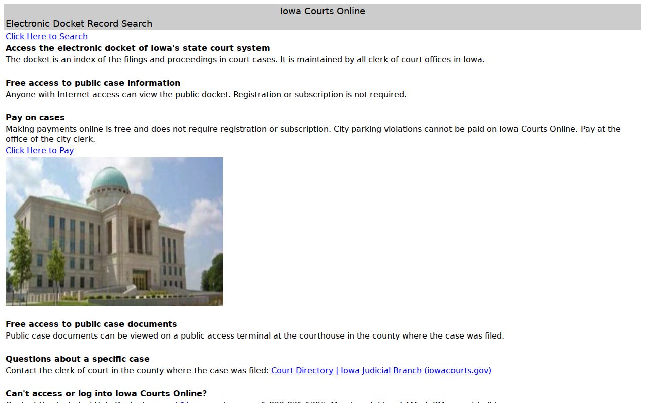 Iowa Courts Online landing page used for a North Liberty resident lookup